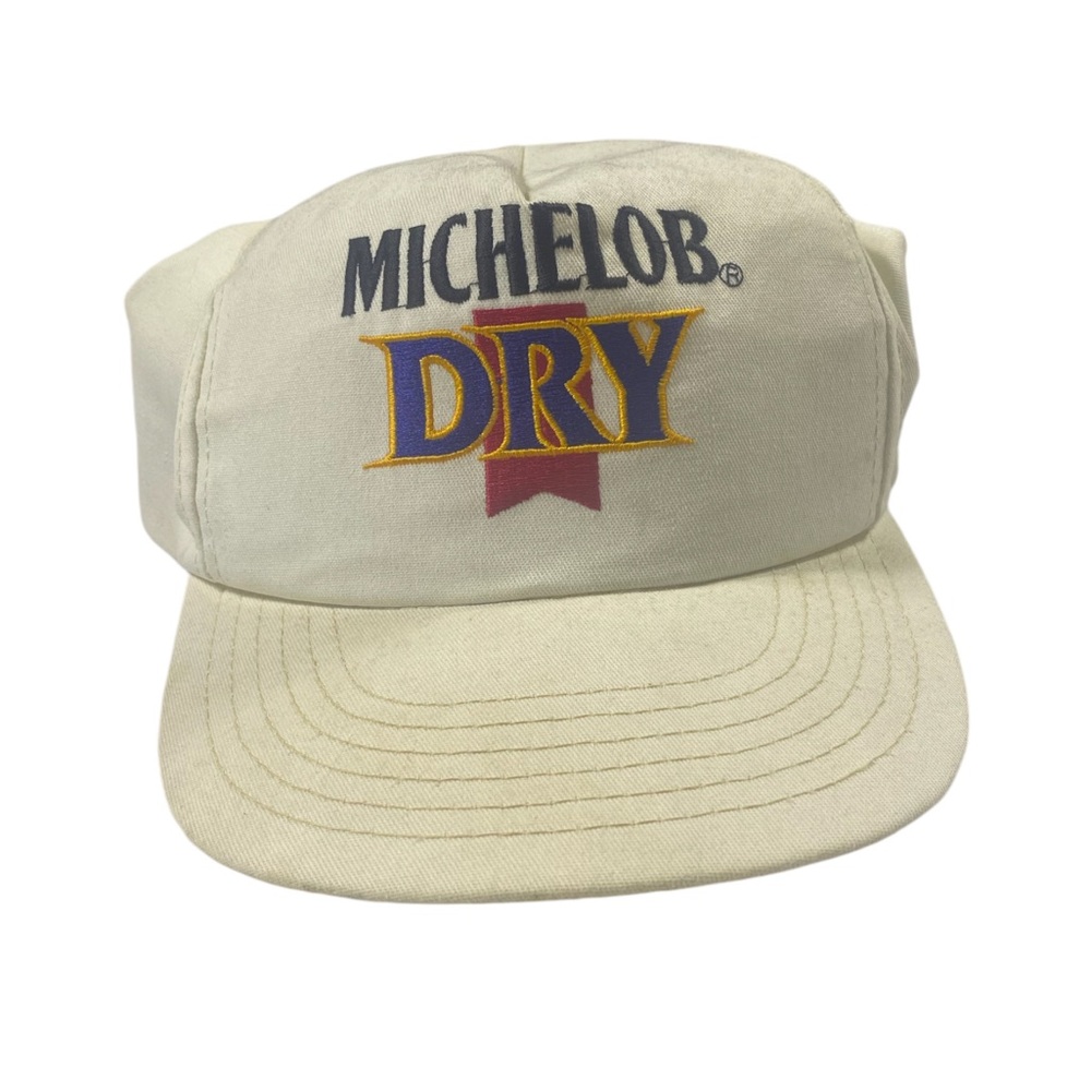 Vintage Michelob Dry Beer SnapBack Hat White Blue Gold Liquor Advertising VTG
